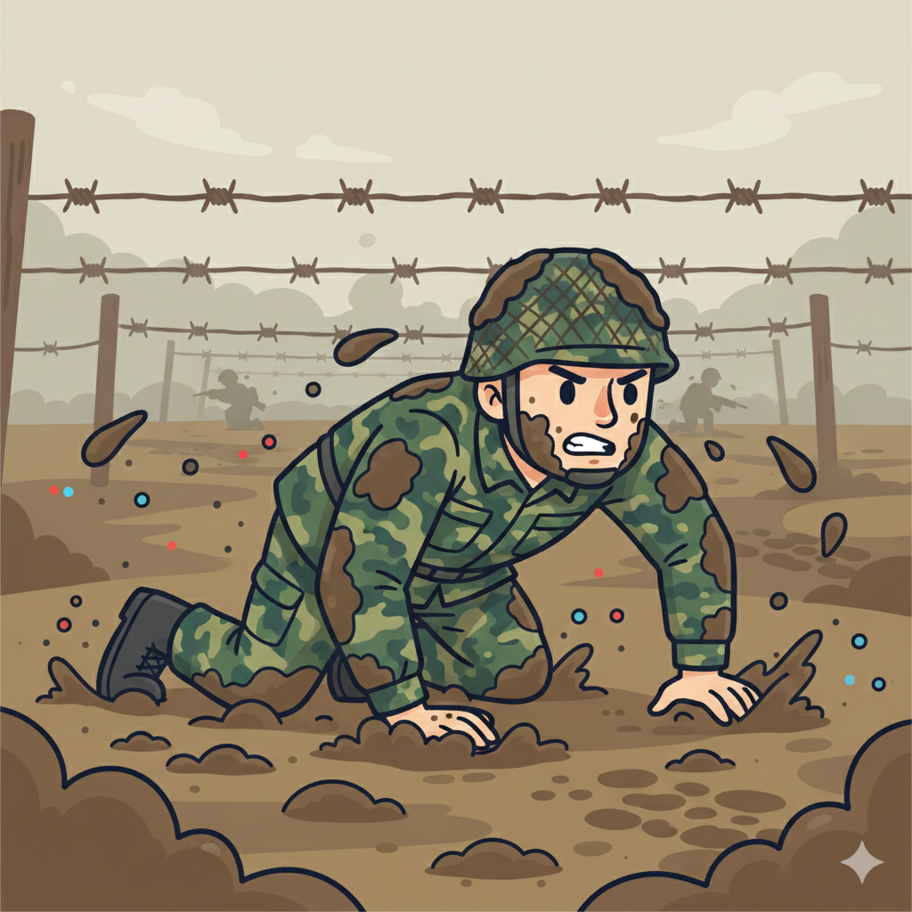 Militaire rampant dans la boue sous des fils barbelés